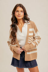 Open Knit Wavy Mix Stripe Cardi White + Taupe