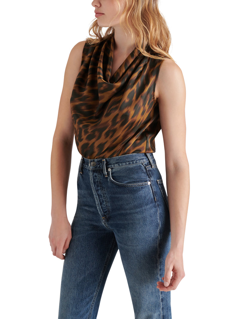 Jayde Mock Neck Cowl Leopard Satin Bodysuit Toffee