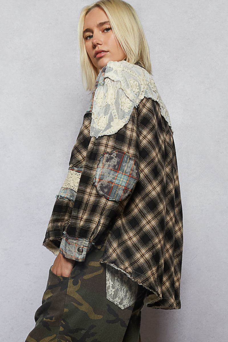 Relaxed Balloon Sleeve Plaid Jacket Black/Teal