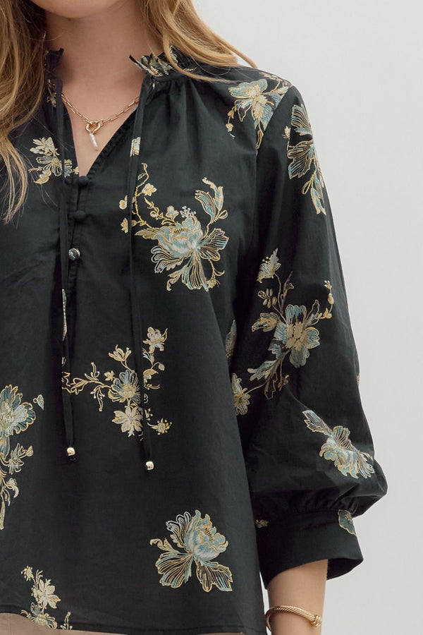 Floral Print Cuff Band Bubble Ruffle Tied Top Black