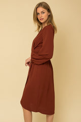 Pleated Front Tulip Hem Dress Brick