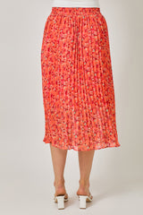 Pleated Floral Midi Skirt Tomato