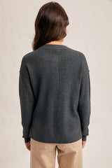 Side Slit Waffle Sweater Button Up Dk. Teal