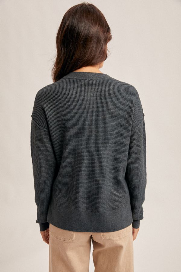 Side Slit Waffle Sweater Button Up Dk. Teal