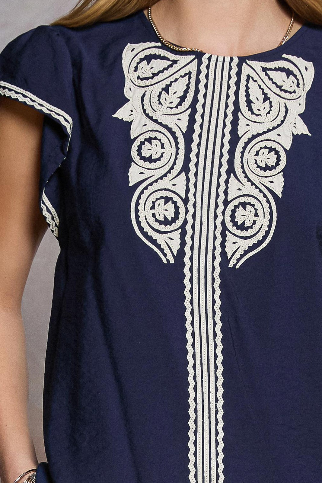 Embroidered Front Rick Rack Sleeve Blouse Navy