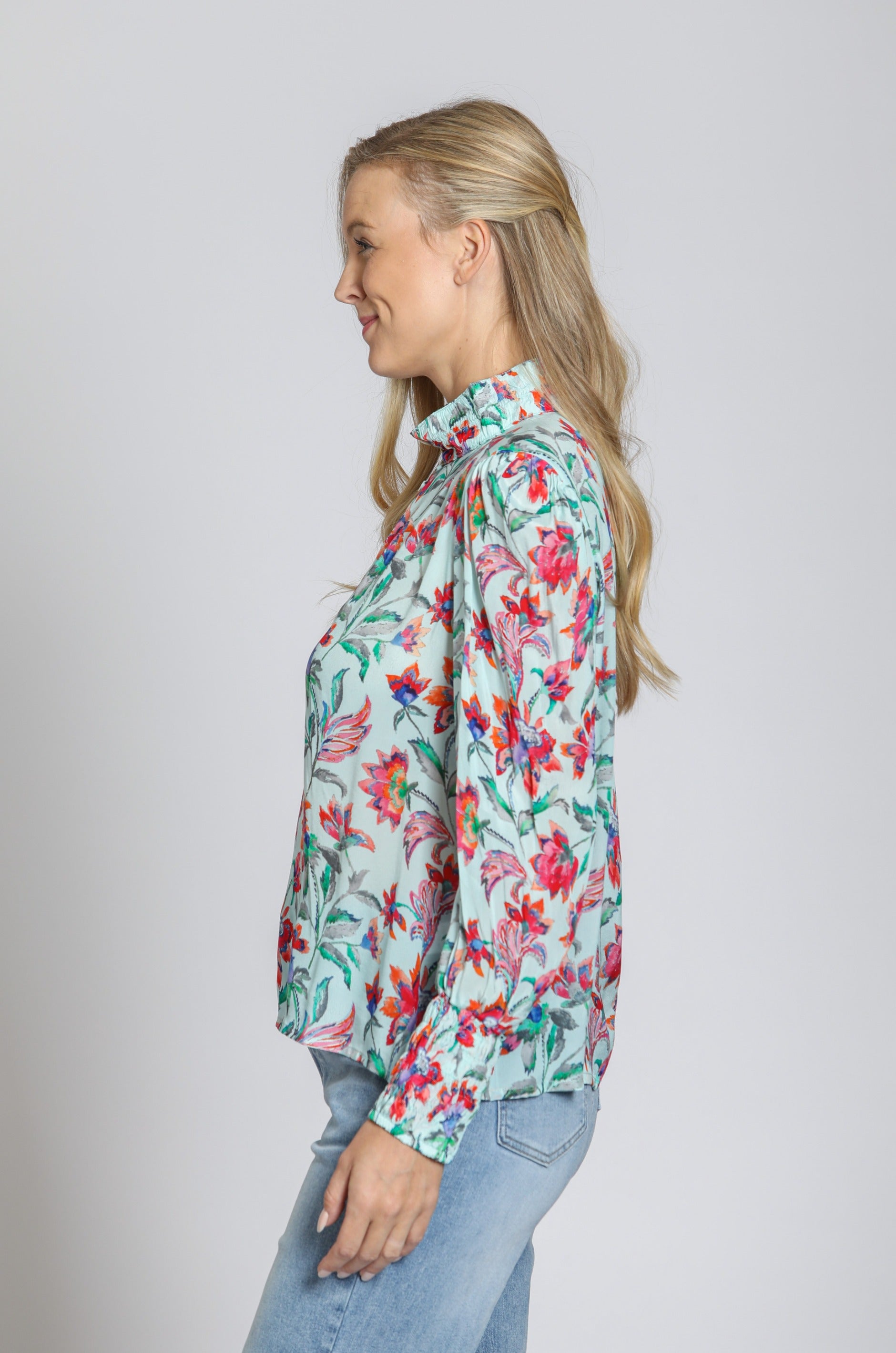 Puff Sleeve Collar Detail 3/4 Button Down Blouse Turquoise Multi