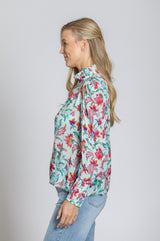 Puff Sleeve Collar Detail 3/4 Button Down Blouse Turquoise Multi