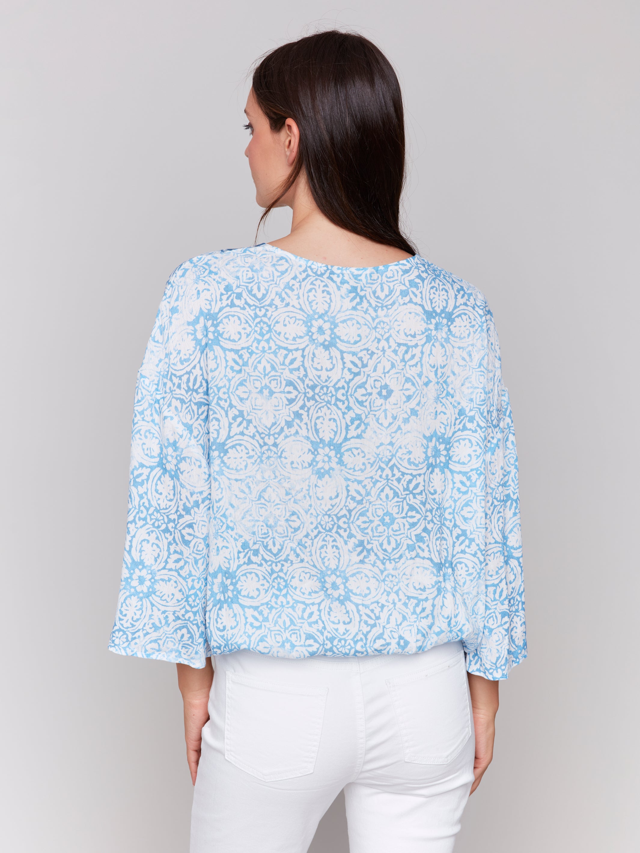 Bell Sleeve Printed Overlap Blouse Denim