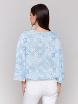 Bell Sleeve Printed Overlap Blouse Denim