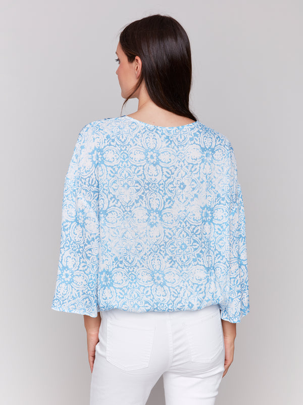 Bell Sleeve Printed Overlap Blouse Denim
