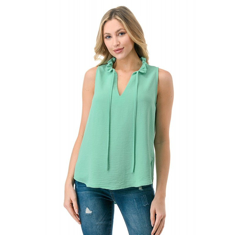 Crinkle Split Tie Neck Sleeveless Top Mint