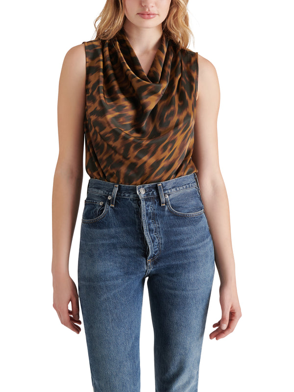 Jayde Mock Neck Cowl Leopard Satin Bodysuit Toffee