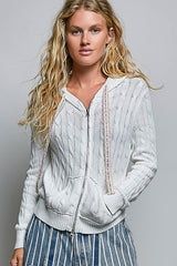 Floral Lace String Cable Knit Zip Hoodie Sweater Off White