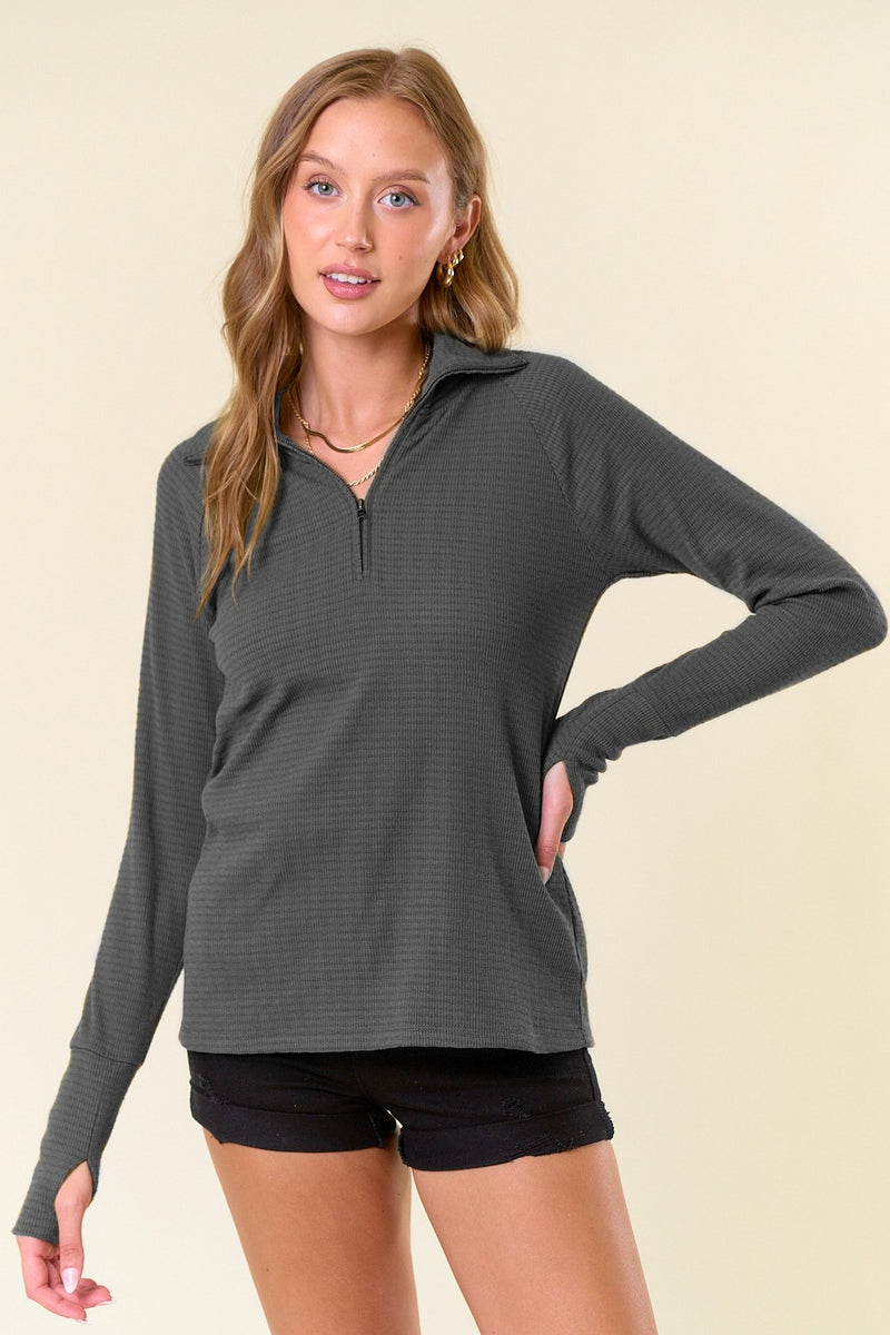 Textured Quarter Zip Top Dark Grey