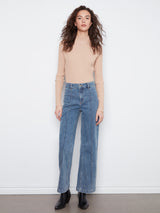 Pintuck Wide Leg Stretch Jeans Medium Blue