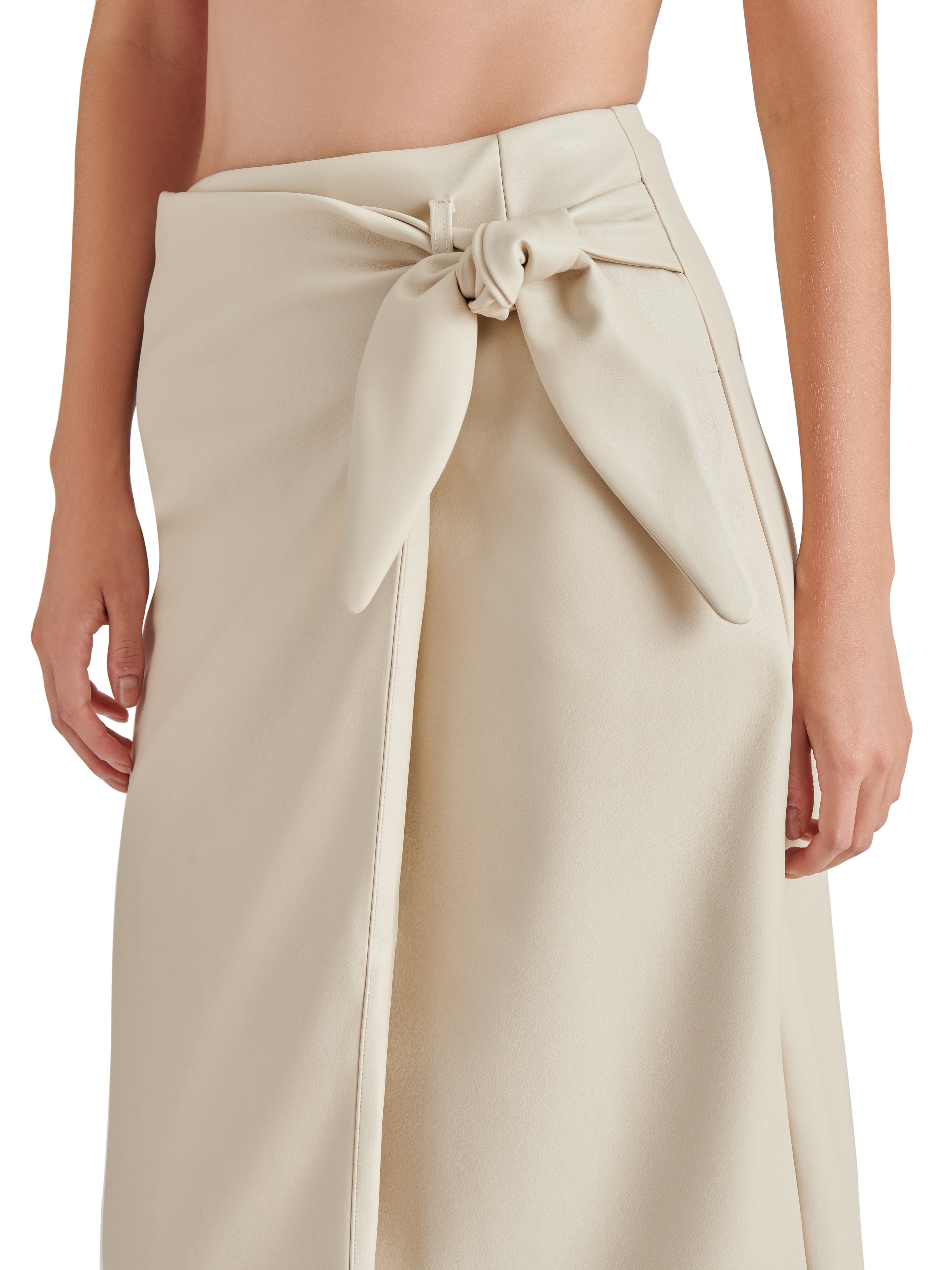 Navia Side Tie Midi Leather Skirt Bone