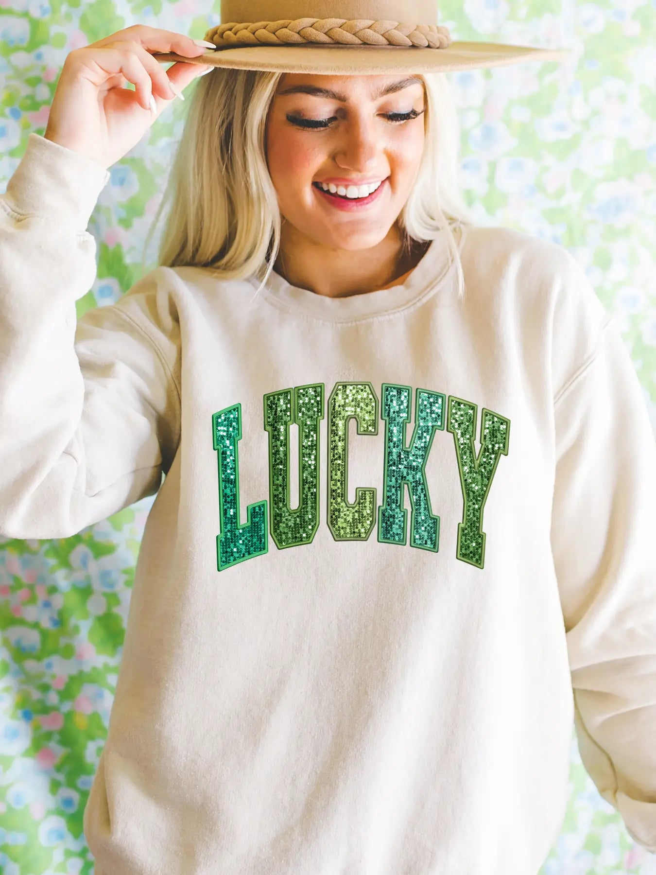 Faux Sequin Lucky Sweatshirt Cream