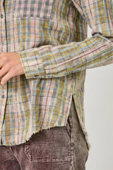 Fringe Bottom Detail Washed Plaid Shirt Vintage Rose