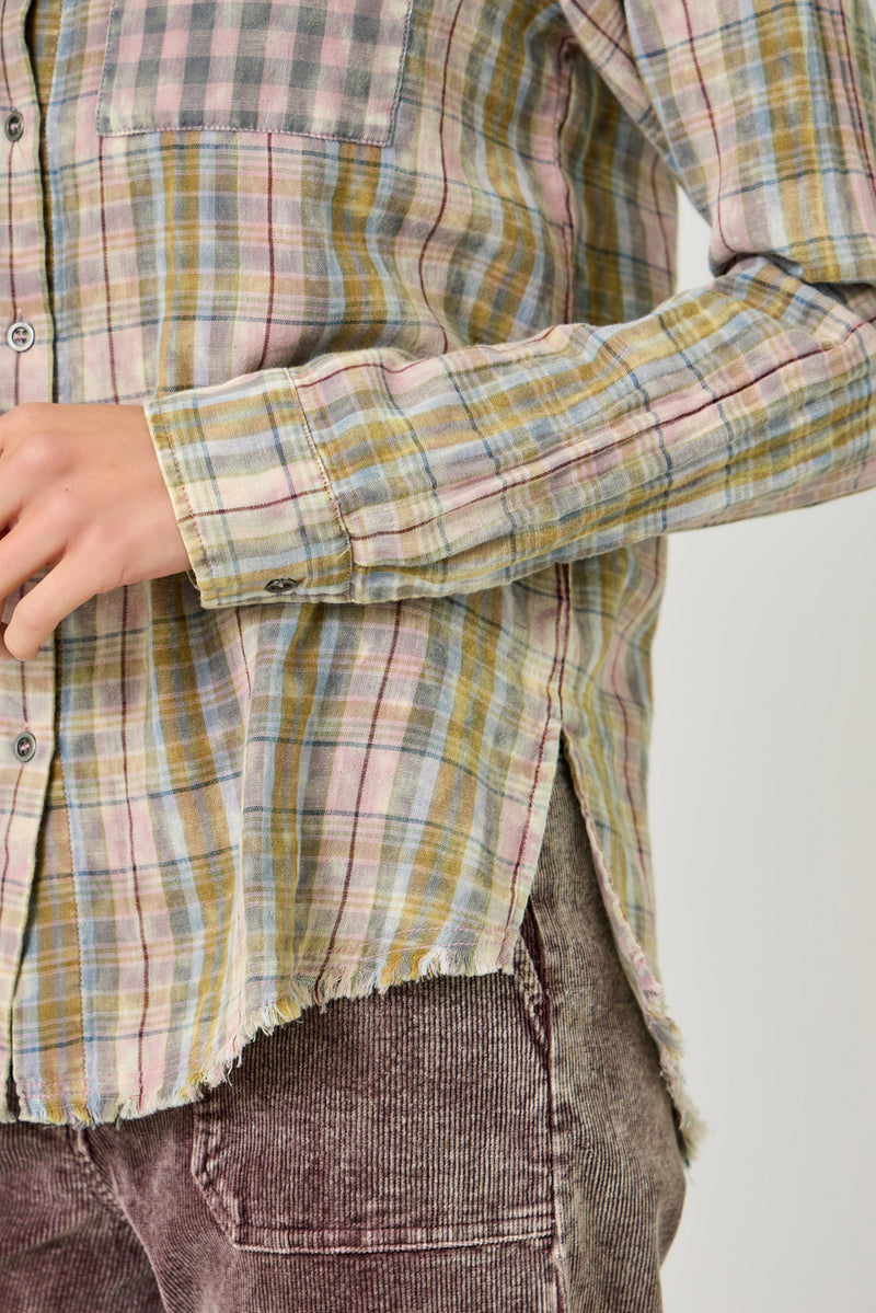 Fringe Bottom Detail Washed Plaid Shirt Vintage Rose
