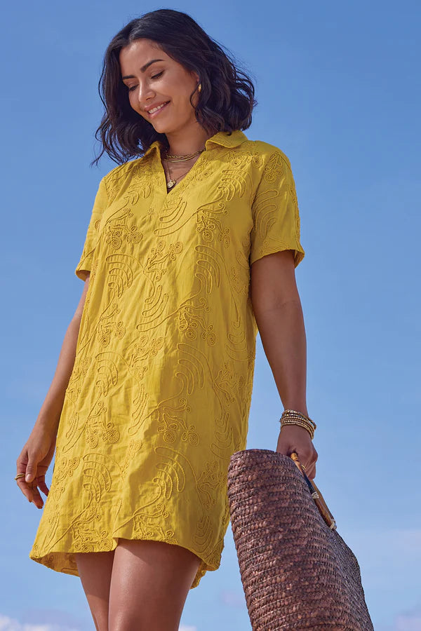 Textured Detail Vneck Tunic Shirt Dress Lemon