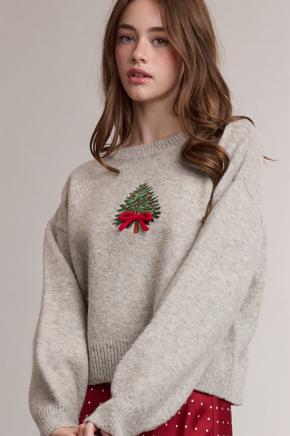 Embroidered Christmas Tree Bow Sweater Heather Grey