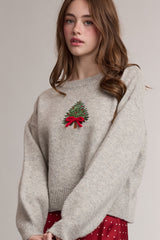 Embroidered Christmas Tree Bow Sweater Heather Grey