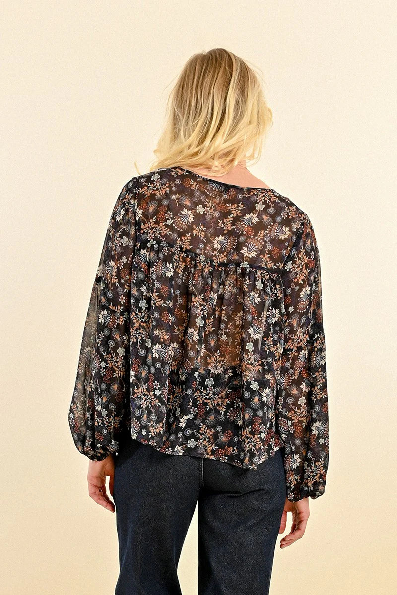 Western Floral Tie Neck Sheer Blouse Black Claire