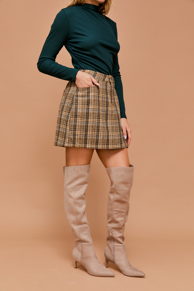 High Waisted Buttoned Plaid Mini Skirt Tan