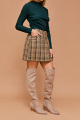 High Waisted Buttoned Plaid Mini Skirt Tan