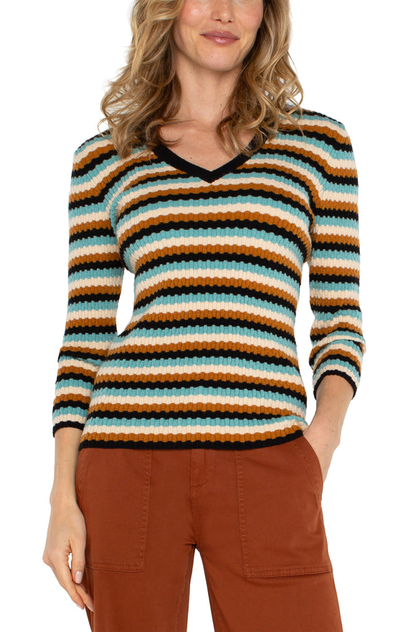 3/4 Sleeve Vneck Stripe Sweater Ocean Multi Stripe