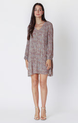 Long Sleeve Pleated A Line Dress Neutral Paisley