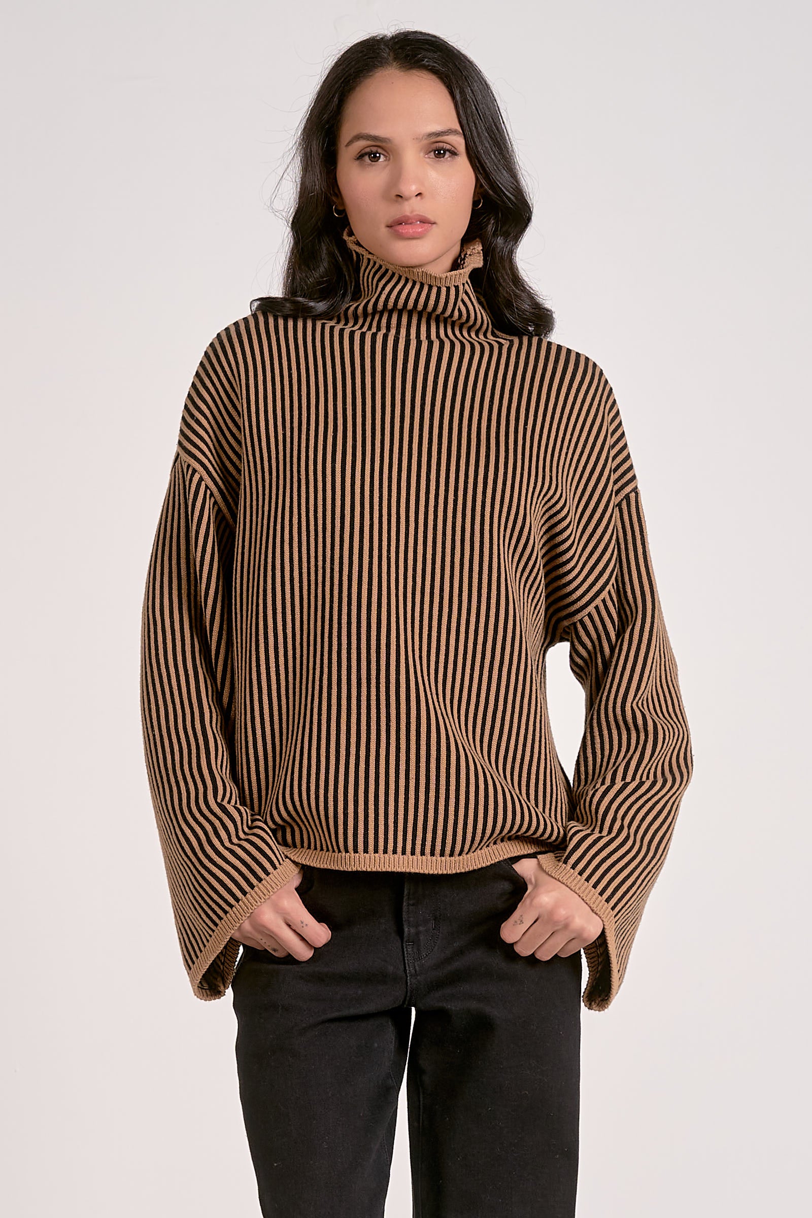 Turtleneck Textured Stripe Bell Sleeve Sweater Tan + Black