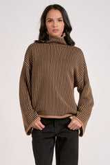 Turtleneck Textured Stripe Bell Sleeve Sweater Tan + Black