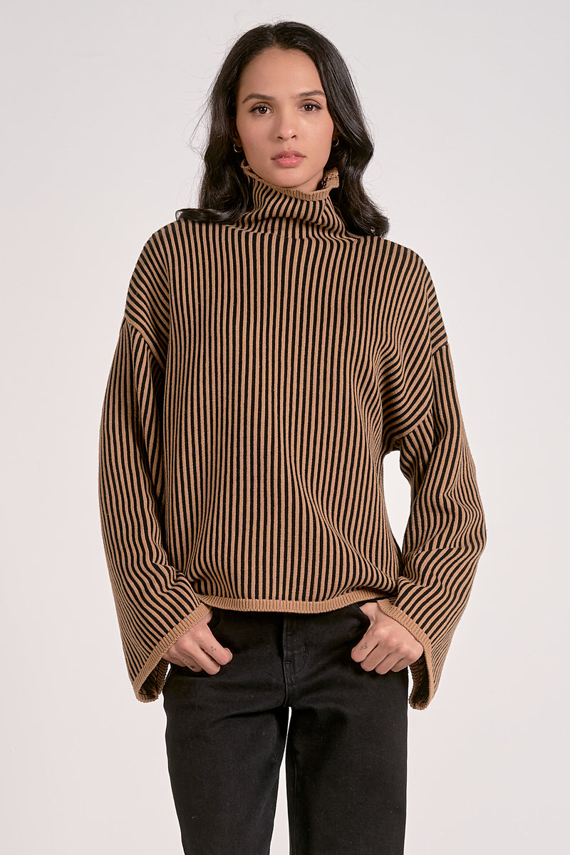 Turtleneck Textured Stripe Bell Sleeve Sweater