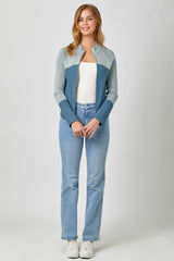 Stripe Contrast Fitted Mock Neck Zip Up Sweater Blue