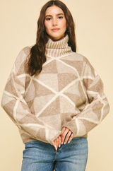 Mixed Squares Diamond Textured Turtleneck Sweater Taupe