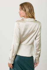 Collared Pleat Button Detail Peplum Satin Blouse Champagne
