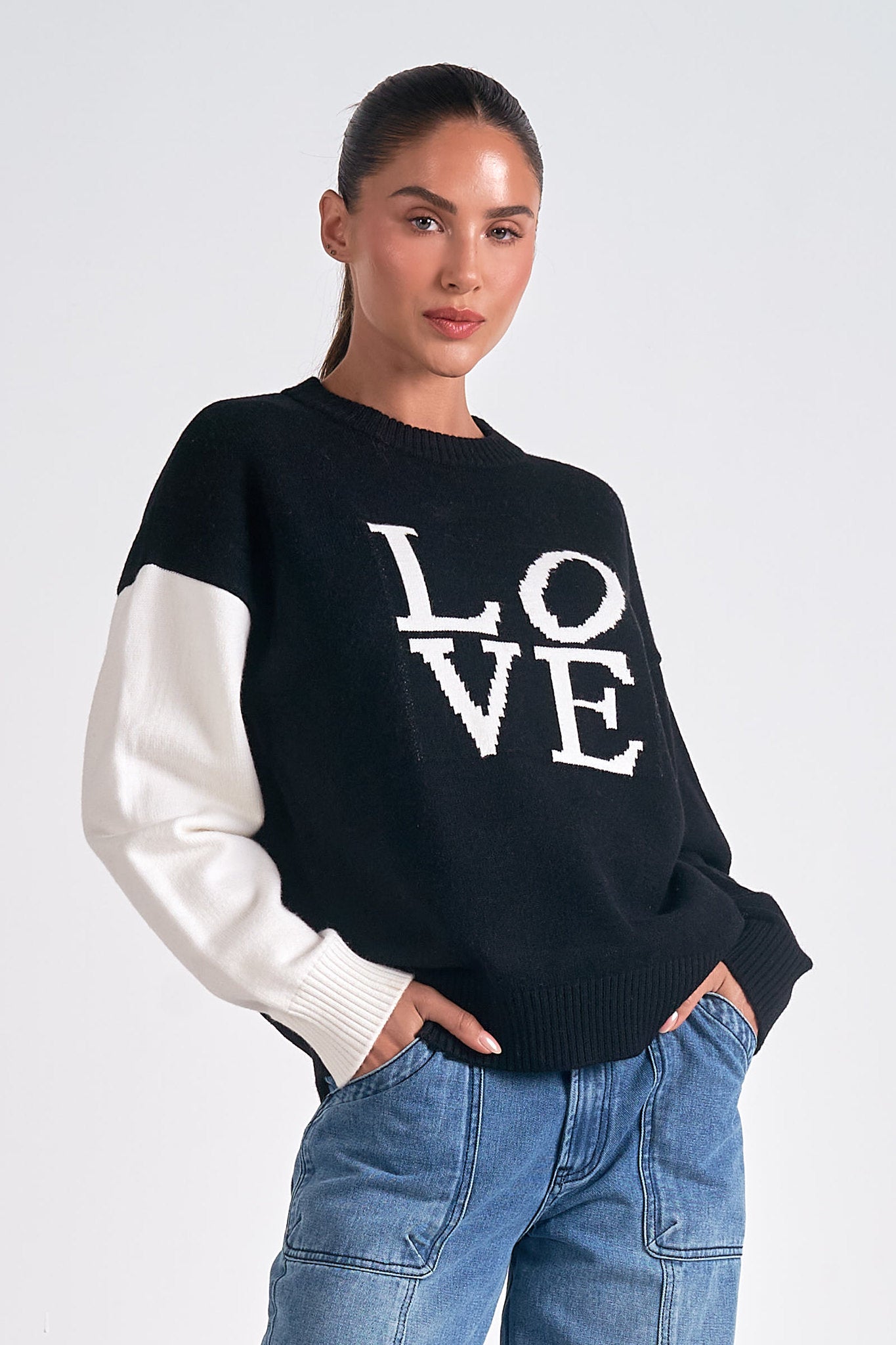LOVE Contrast Sleeve Sweater Black + Off White