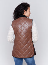 Long Quilted Leather Vest Cognac
