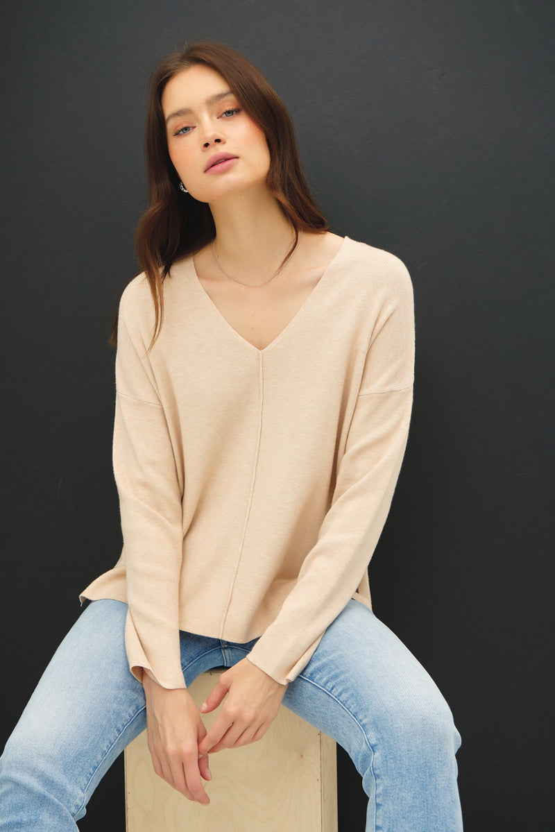 Center Seam Vneck Sweater Top Oatmeal