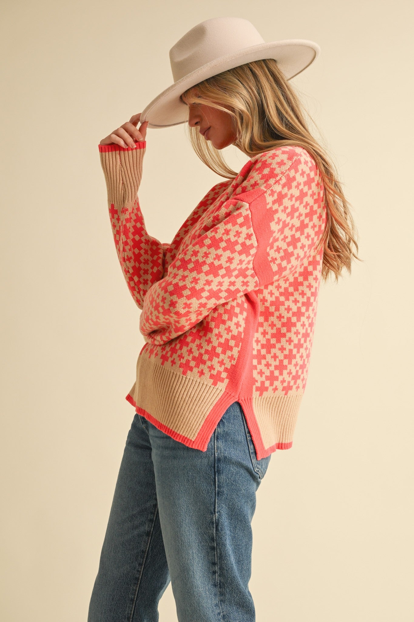 Mock Neck Plus Print Side Slit Pullover Sweater Coral Taupe