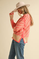 Mock Neck Plus Print Side Slit Pullover Sweater Coral Taupe