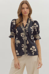 Floral Print Short Puff Embroidered Smocking Top Black