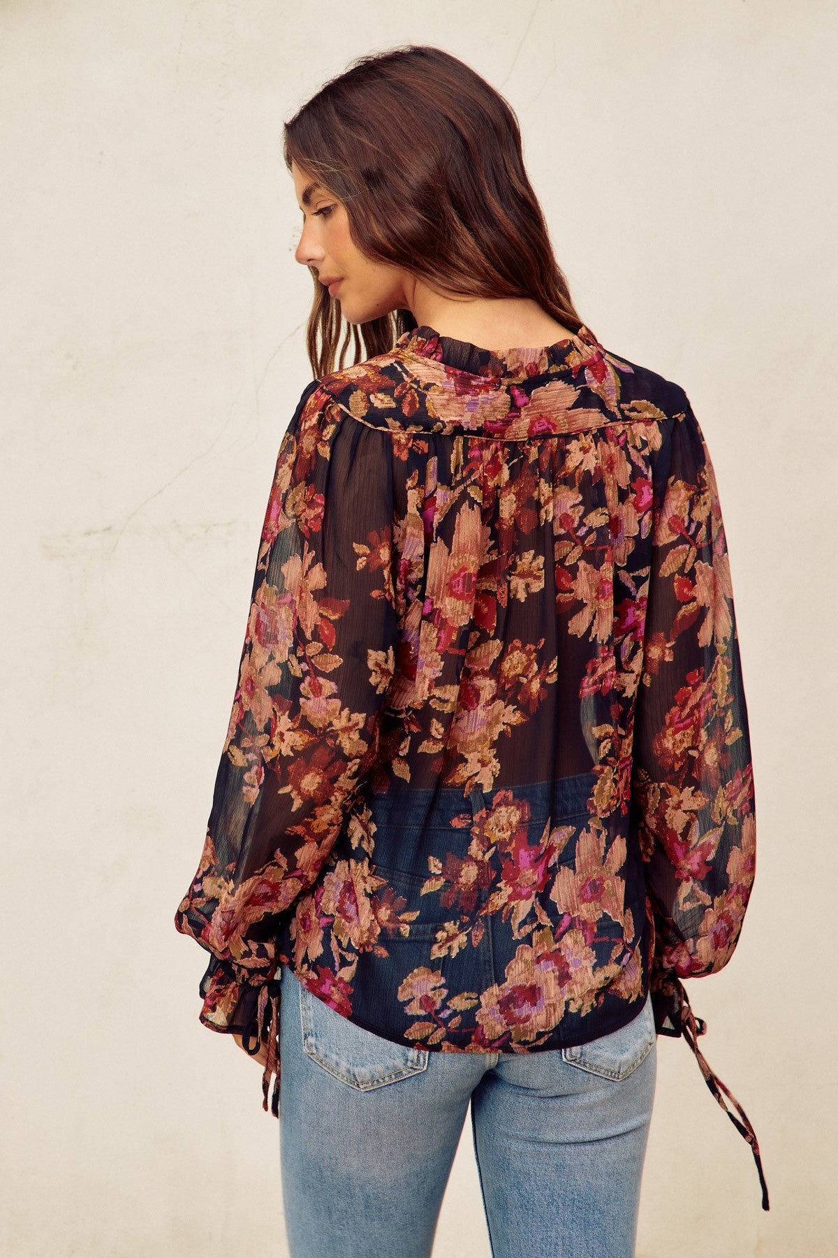 Nightfall Tie Detail Blouse Deep Night Floral