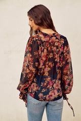Nightfall Tie Detail Blouse Deep Night Floral