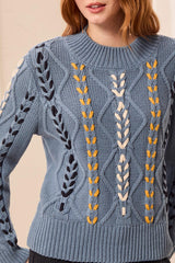 Mock Neck Cable Stitched Detail Sweater Blue Fog