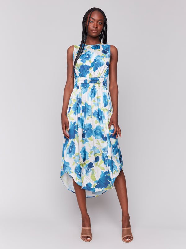 Smocked Waist Print Sleeveless Dress