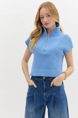 Cap Sleeve Sweater Knit Quarter Zip Pullover Blue