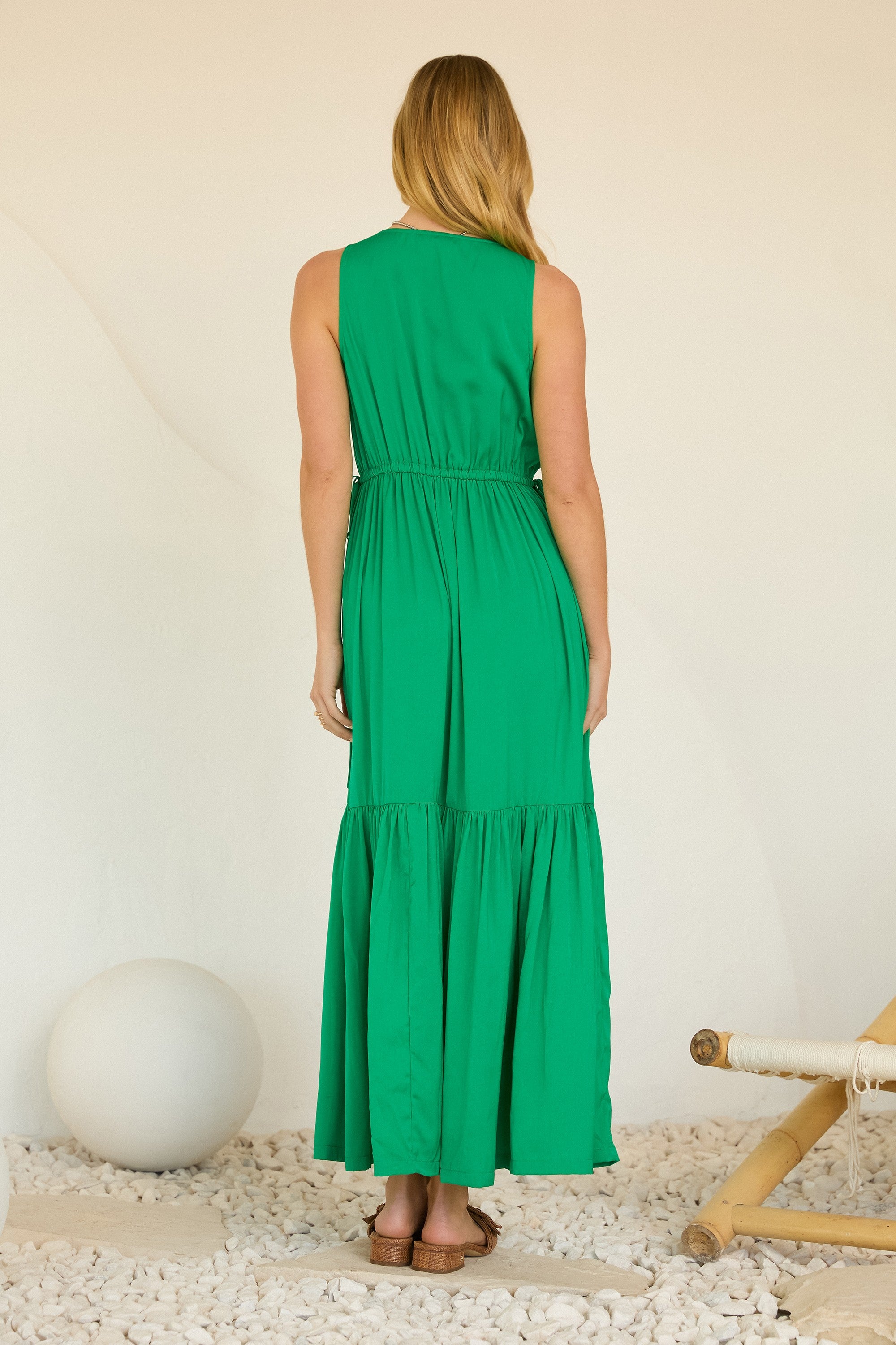 Tied Sides Ruffle Skirt Sleeveless Gathered Waist Maxi Dress Green