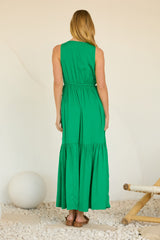 Tied Sides Ruffle Skirt Sleeveless Gathered Waist Maxi Dress Green
